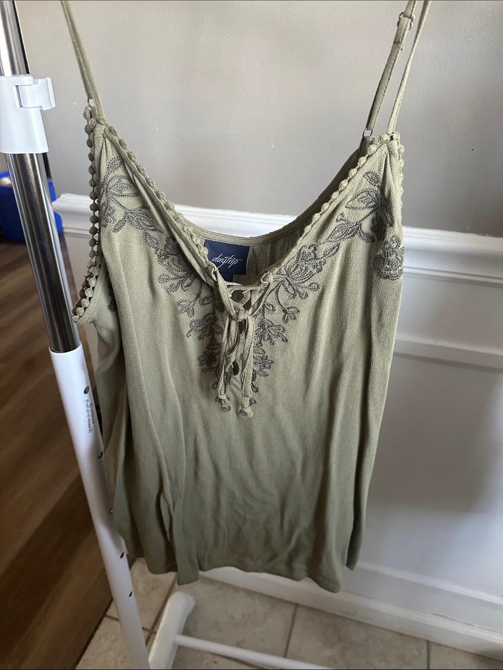 Daytrip Olive Green Embroidered Tie-Front Camisole
